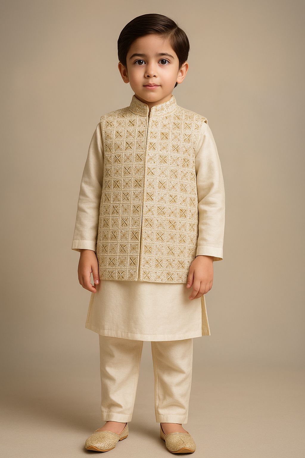Boy in Sultan Style Dress - Ivory Silk With Golden Embrided Waistcoat