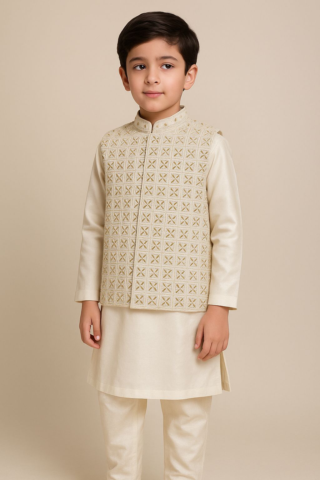 Boy in Sultan Style Dress - Ivory Silk With Golden Embrided Waistcoat