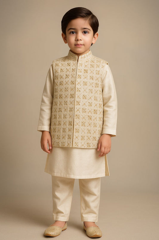 Boy in Sultan Style Dress - Ivory Silk With Golden Embrided Waistcoat